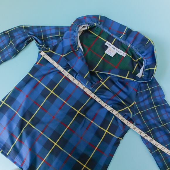 Gretchen Scott Ruff Neck Collar Plaidly Cooper Blue Blouse Size Medium - Picture 5 of 7